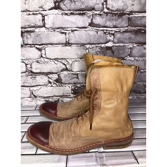 Dry-ShoD Italian Handmade Tan Leather Red Lace Up Combat Boots Men Sz 7M US/40EU - Picture 16 of 16